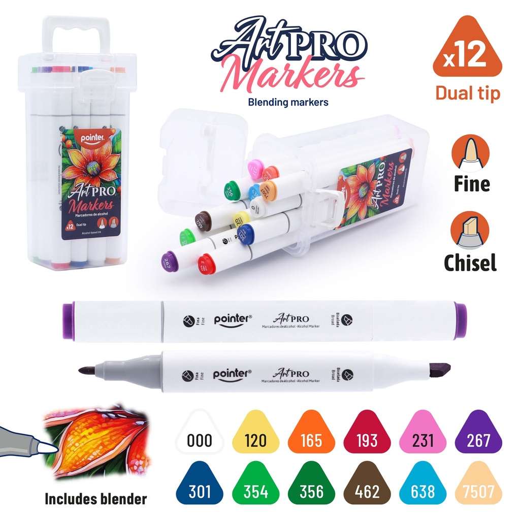 DUAL TIP ALCOHOL-BASED INK MARKERS WITH PLASTIC CASE, SET OF 12 COLORS 