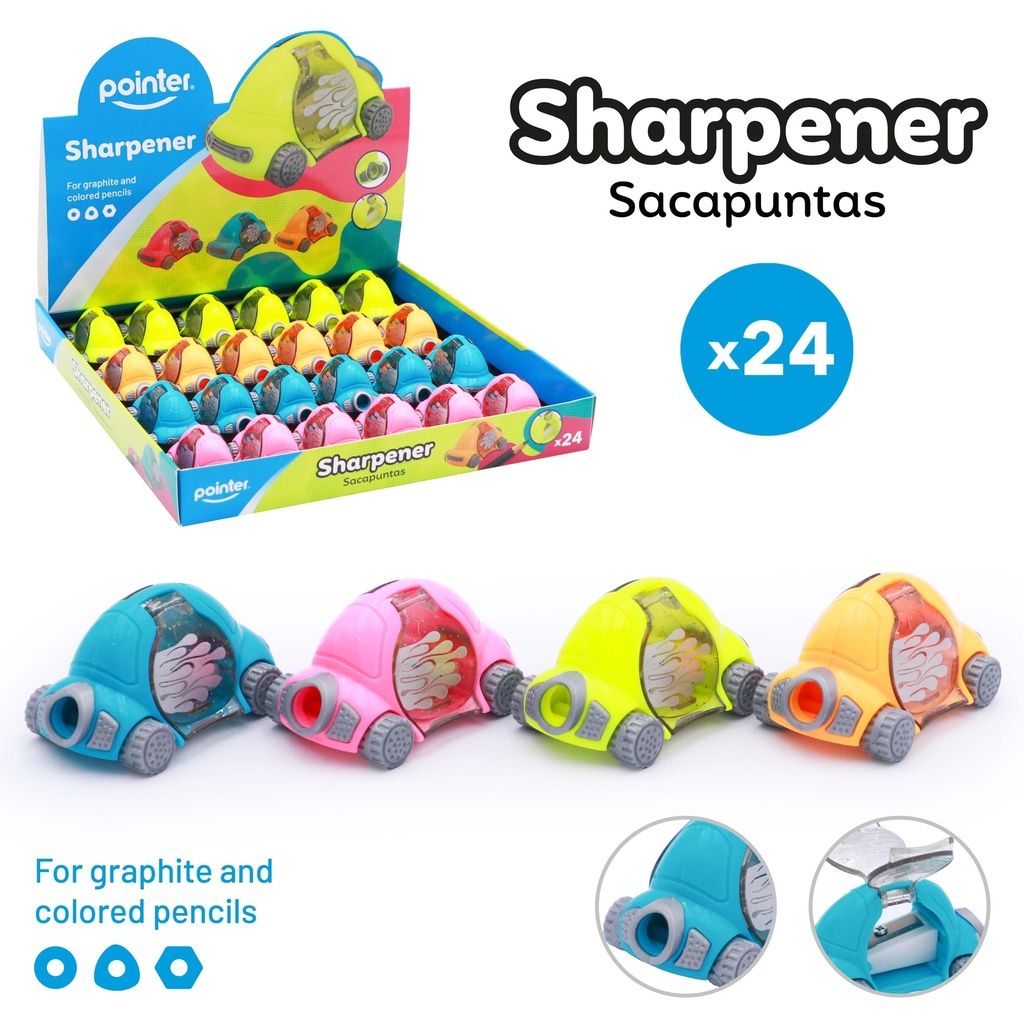 PENCIL SHARPENERS, ONE HOLE, CAR-SHAPED , BOX OF 24 PIECES