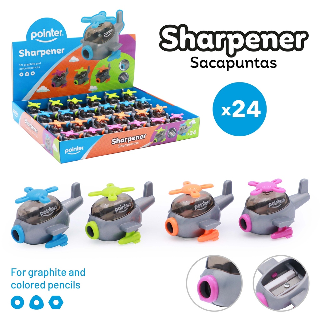 PENCIL SHARPENERS, ONE HOLE, HELICOPTER-SHAPED , BOX OF 24 PIECES