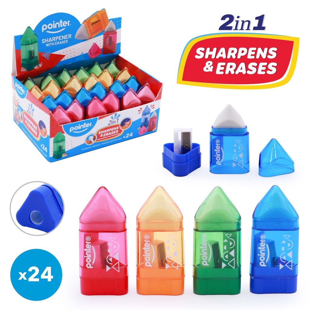 PENCIL SHARPENERS, ONE HOLE, TRIANGULAR, WITH ERASER AND DISPOSAL CONTAINER, BOX OF 24 PIECES