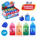 PENCIL SHARPENERS, ONE HOLE, TRIANGULAR, WITH ERASER AND DISPOSAL CONTAINER, BOX OF 24 PIECES