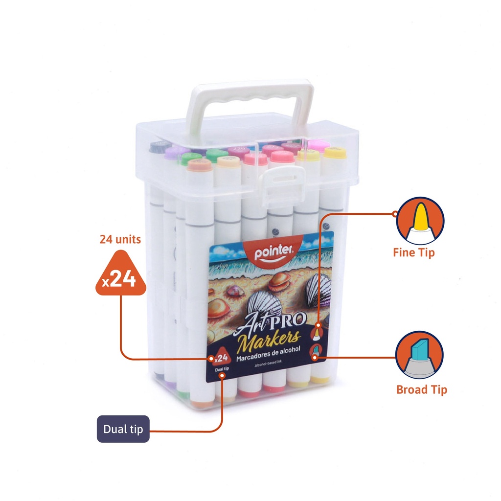 DUAL TIP ALCOHOL-BASED INK MARKERS WITH PLASTIC CASE, SET OF 24 COLORS 