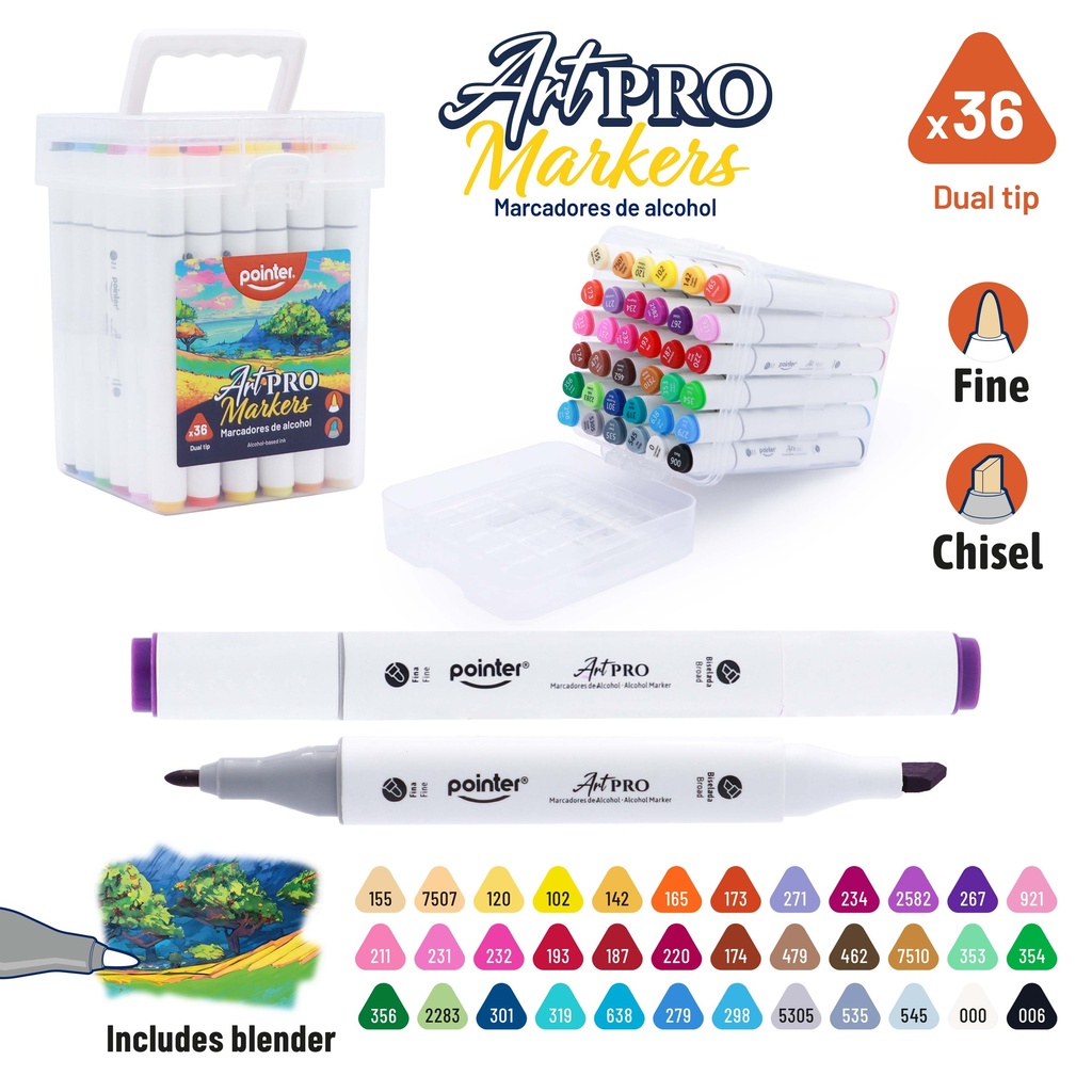 DUAL TIP ALCOHOL-BASED INK MARKERS WITH PLASTIC CASE, SET OF 36 COLORS 