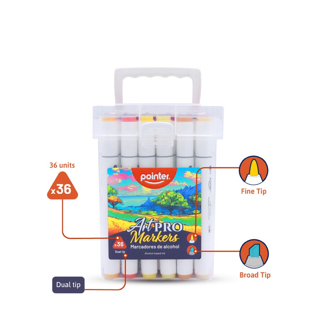 DUAL TIP ALCOHOL-BASED INK MARKERS WITH PLASTIC CASE, SET OF 36 COLORS 