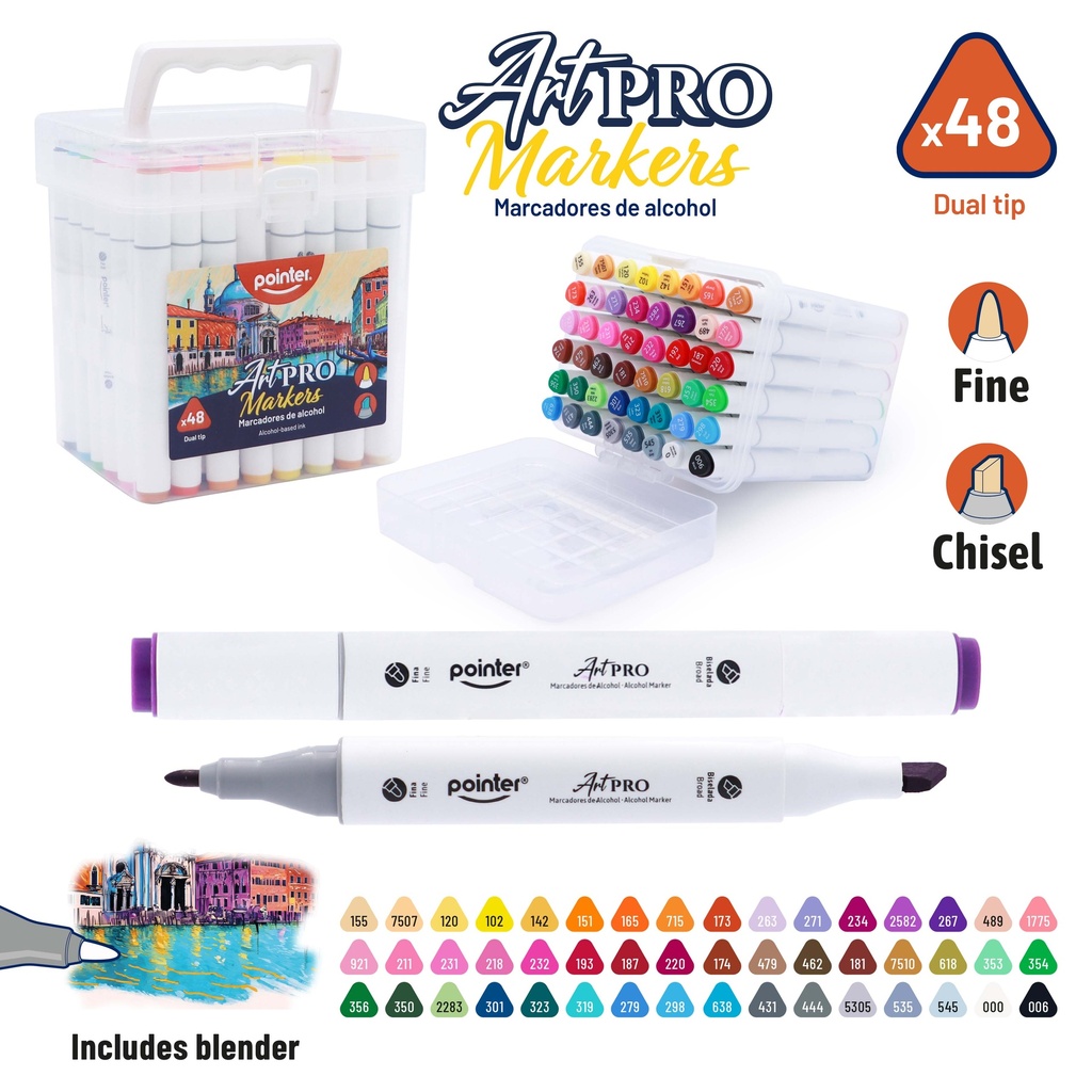 DUAL TIP ALCOHOL-BASED INK MARKERS WITH PLASTIC CASE, SET OF 48 COLORS 