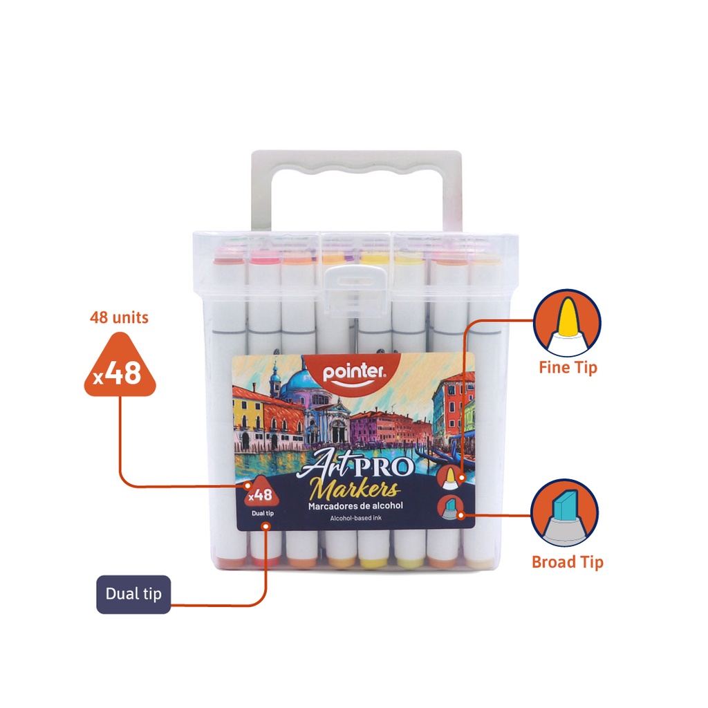 DUAL TIP ALCOHOL-BASED INK MARKERS WITH PLASTIC CASE, SET OF 48 COLORS 