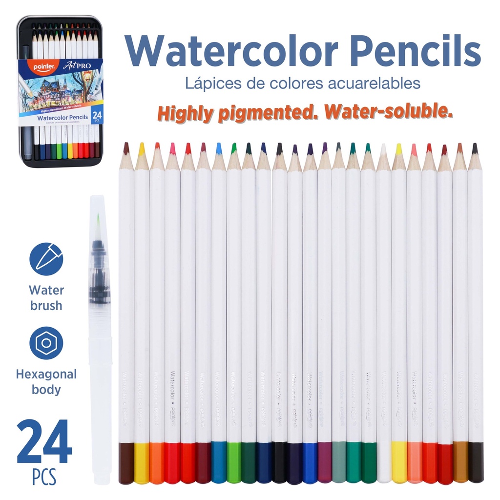 WATERCOLOR COLORED PENCILS , WITH WATERBRUSH IN METAL BOX, SET OF 12 COLORS