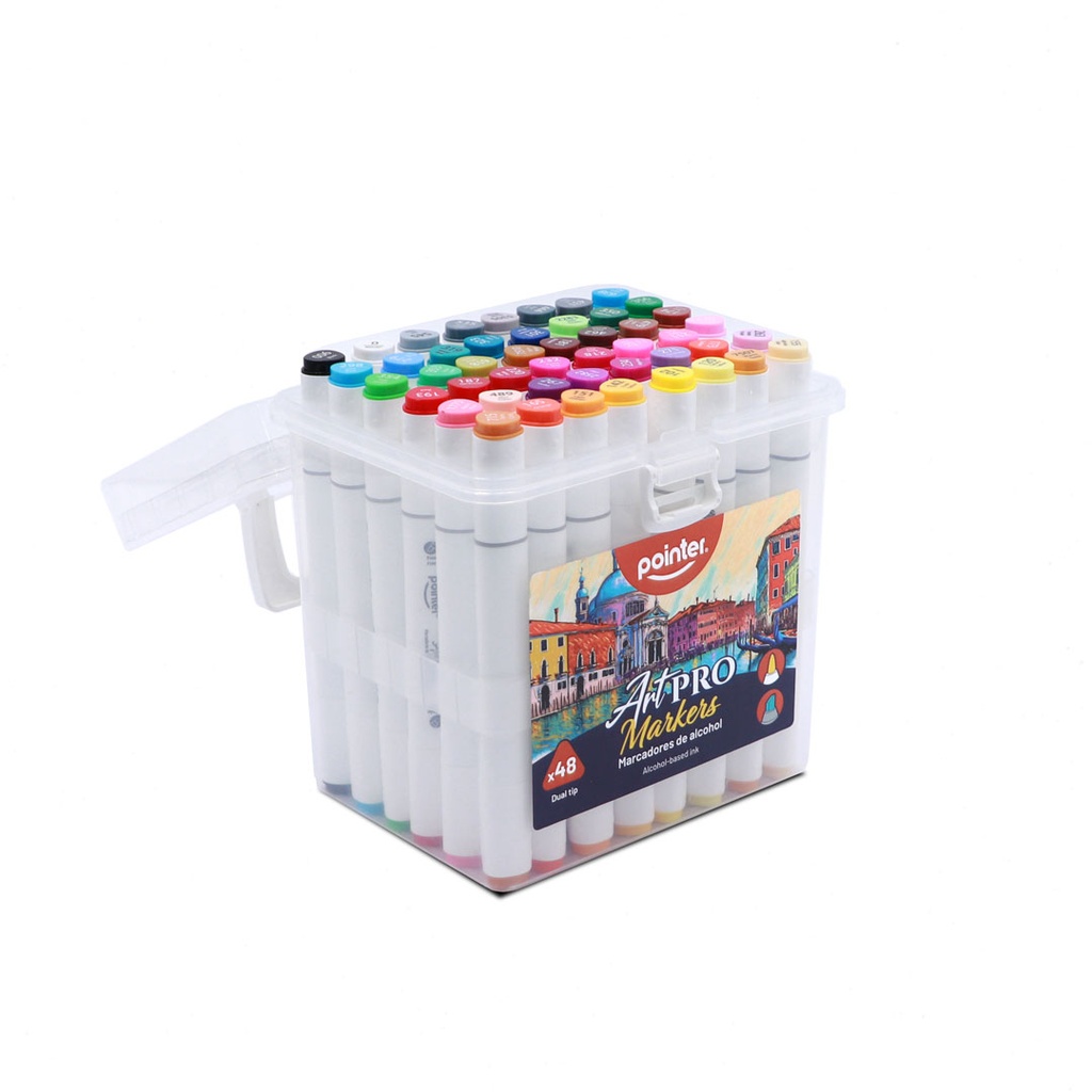 DUAL TIP ALCOHOL-BASED INK MARKERS WITH PLASTIC CASE, SET OF 48 COLORS 
