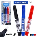 WHITEBOARD MARKERS, REFILLABLE, LIQUID INK, BLACK, BLUE, AND RED COLOR, CHISEL TIP, SET OF 3 PIECES