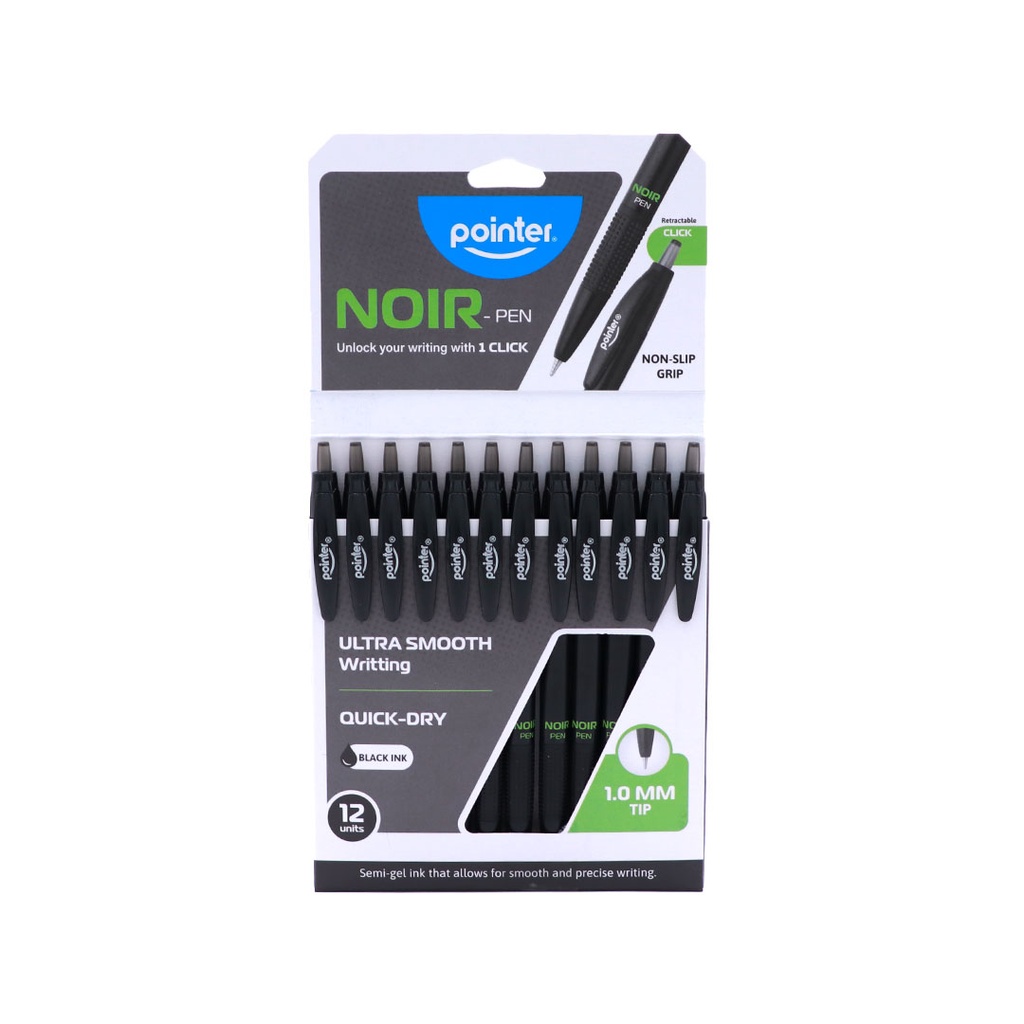 PENS, NOIR, SEMI-GEL,RETRACTABLE , BLACK COLOR, 1.0 MM, BOX OF 12 PENS