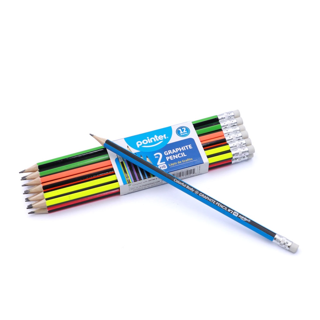 GRAPHITE PENCILS, COLORFUL STRIPS, HEXAGONAL BODY, HB #2, Box of 12 SETS