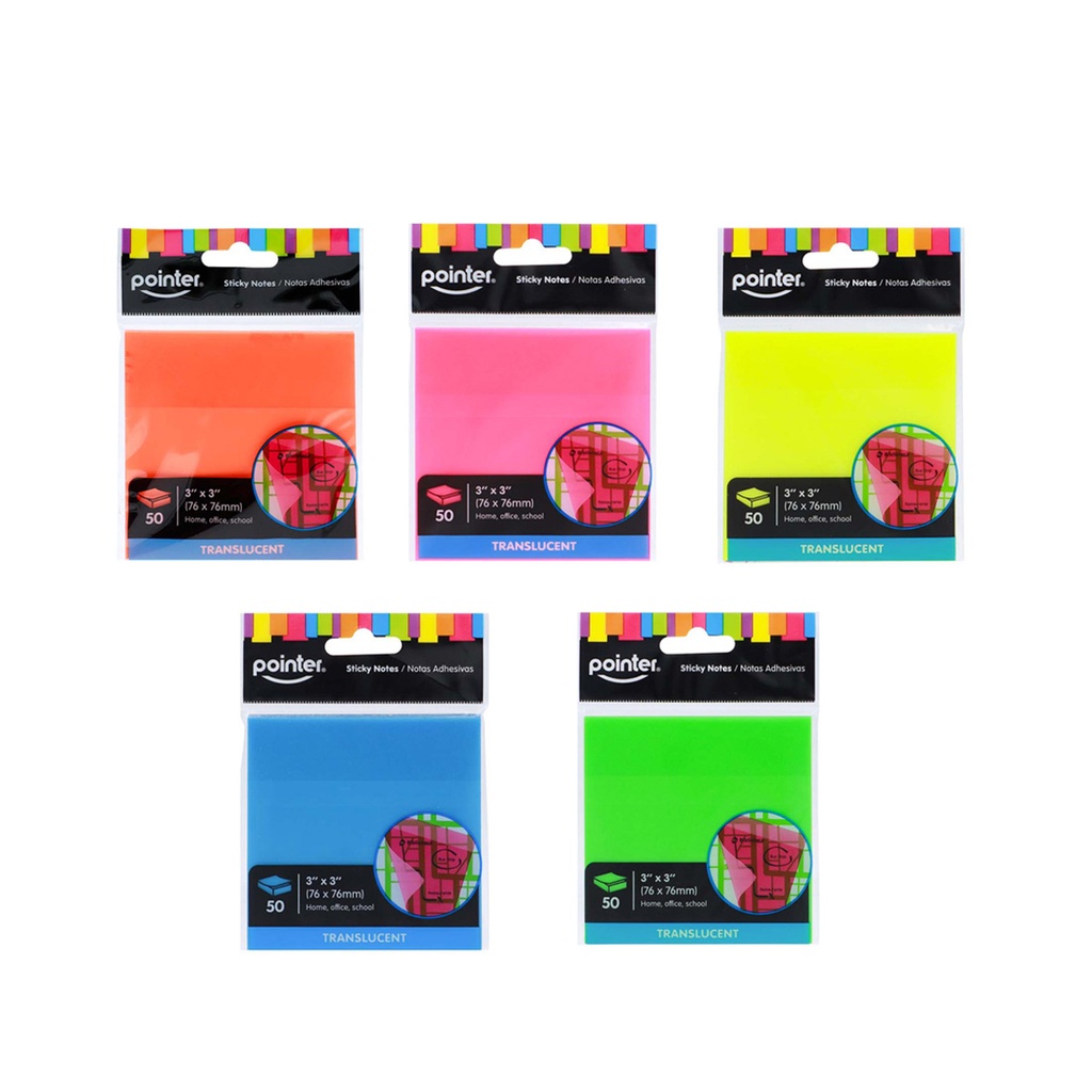 STICKY NOTES, 3X3", NEON TRANSLUCENT, SET OF 50 SHEETS