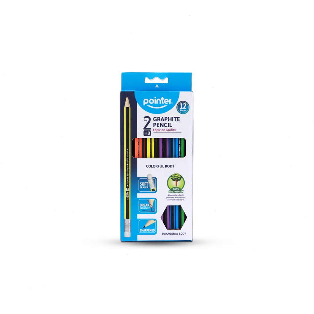 WOODEN PENCILS, COLORFUL STRIPS, HEXAGONAL BODY, HB #2, SET OF 12 PENCILS