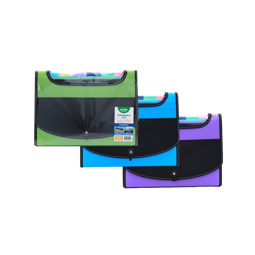 EXPANDING ORGANIZER FILE FOLDER A4, 13 POCKETS WITH CLEAR VIEW TOP AND ELASTIC BAND CLOSURE,
