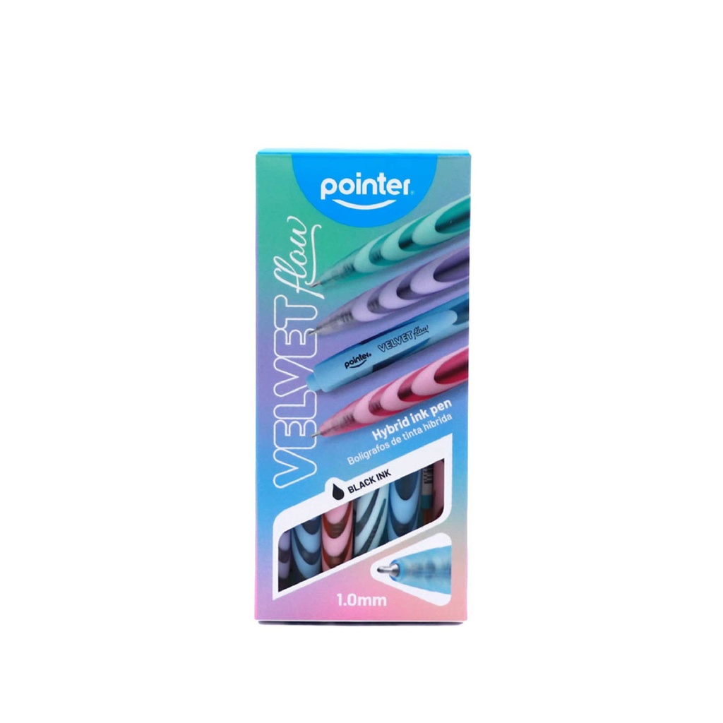 PENS, VELVET FLOW, HYBRID, RETRACTABLE, BLACK COLOR, 1.0 MM, TRIANGULAR BODY, BOX OF 12 PIECES