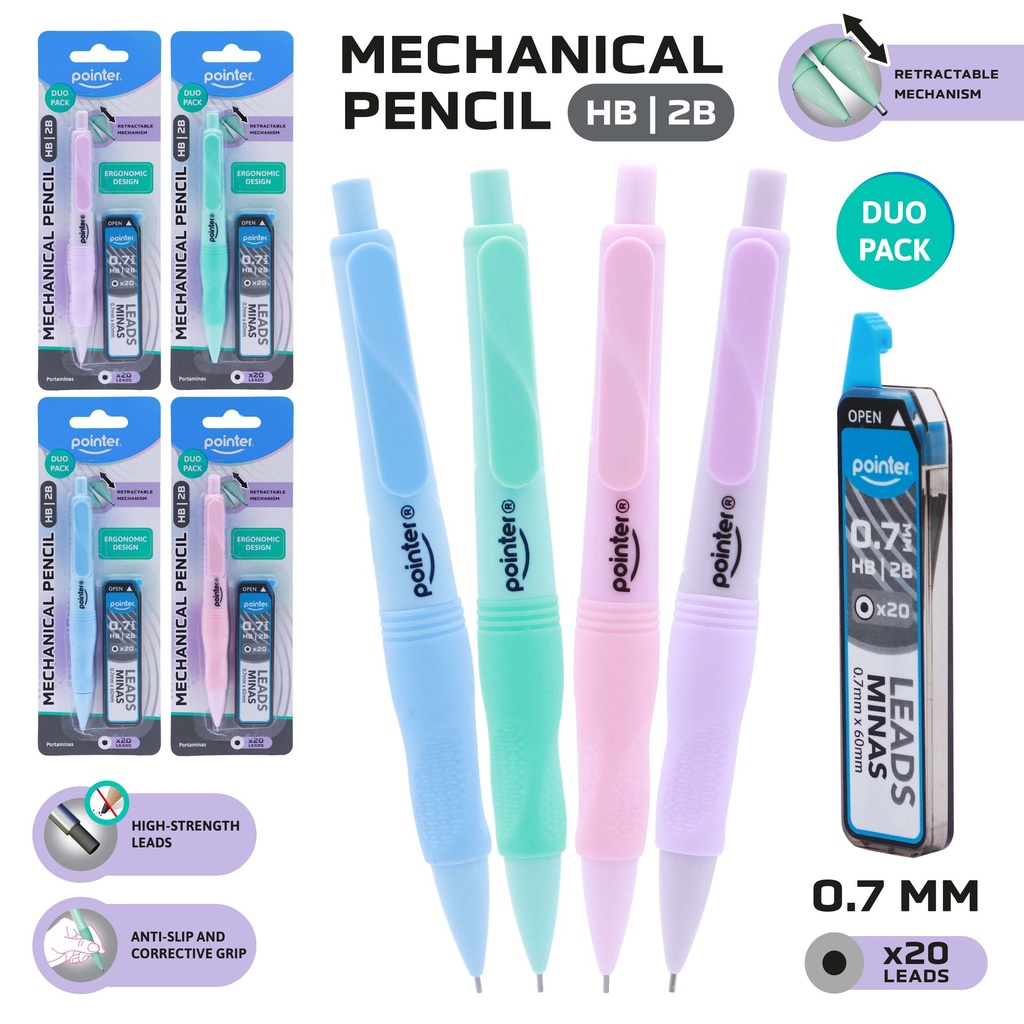 MECHANICAL PENCILS, PASTEL COLORS, WITH GRIP, 0.7MM, DUO SET  OF 1 PENCIL WITH 20 LEADS
