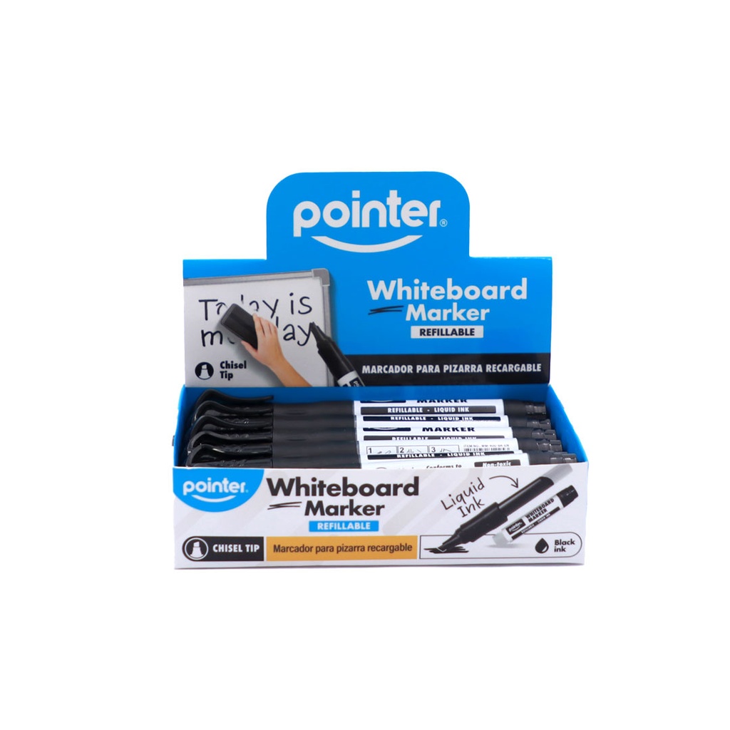 WHITEBOARD MARKERS, REFILLABLE, LIQUID BLACK INK, CHISEL TIP, BOX OF 12 MARKERS
