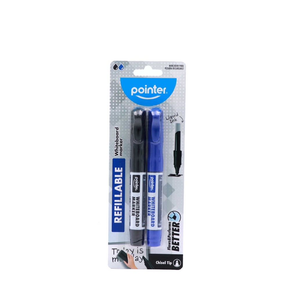 WHITEBOARD MARKERS, REFILLABLE, LIQUID INK, BLACK AND BLUE COLOR, CHISEL TIP, SET OF 2 PIECES