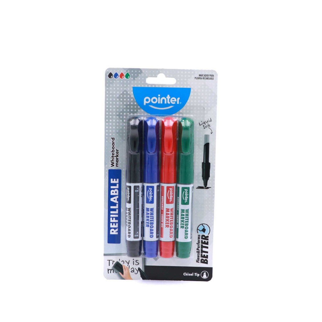 WHITEBOARD MARKERS, REFILLABLE, LIQUID INK, BLACK, BLUE,RED, AND GREEN COLOR, CHISEL TIP, SET OF 4 PIECES