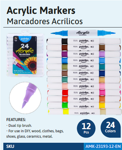 MARKERS, ACRYLIC PAINT, DUAL BRUSH TIP, SET OF 12 COLORS
