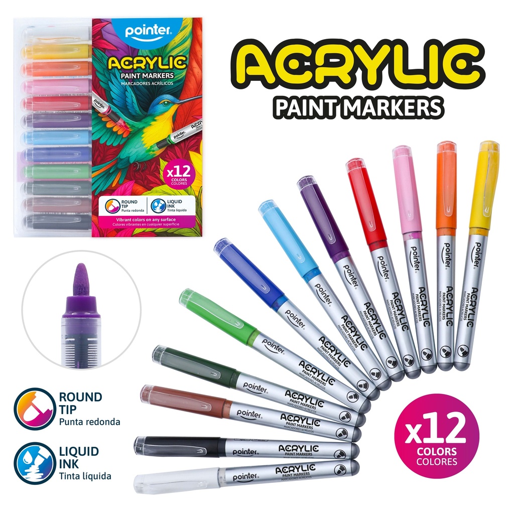 MARKERS, ACRYLIC PAINT, LIQUID INK, ROUND TIP, SET OF 12 COLORS