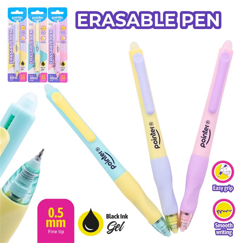 PENS, ERASABLE INK, RETRACTABLE, BLACK COLOR, 0.5MM,