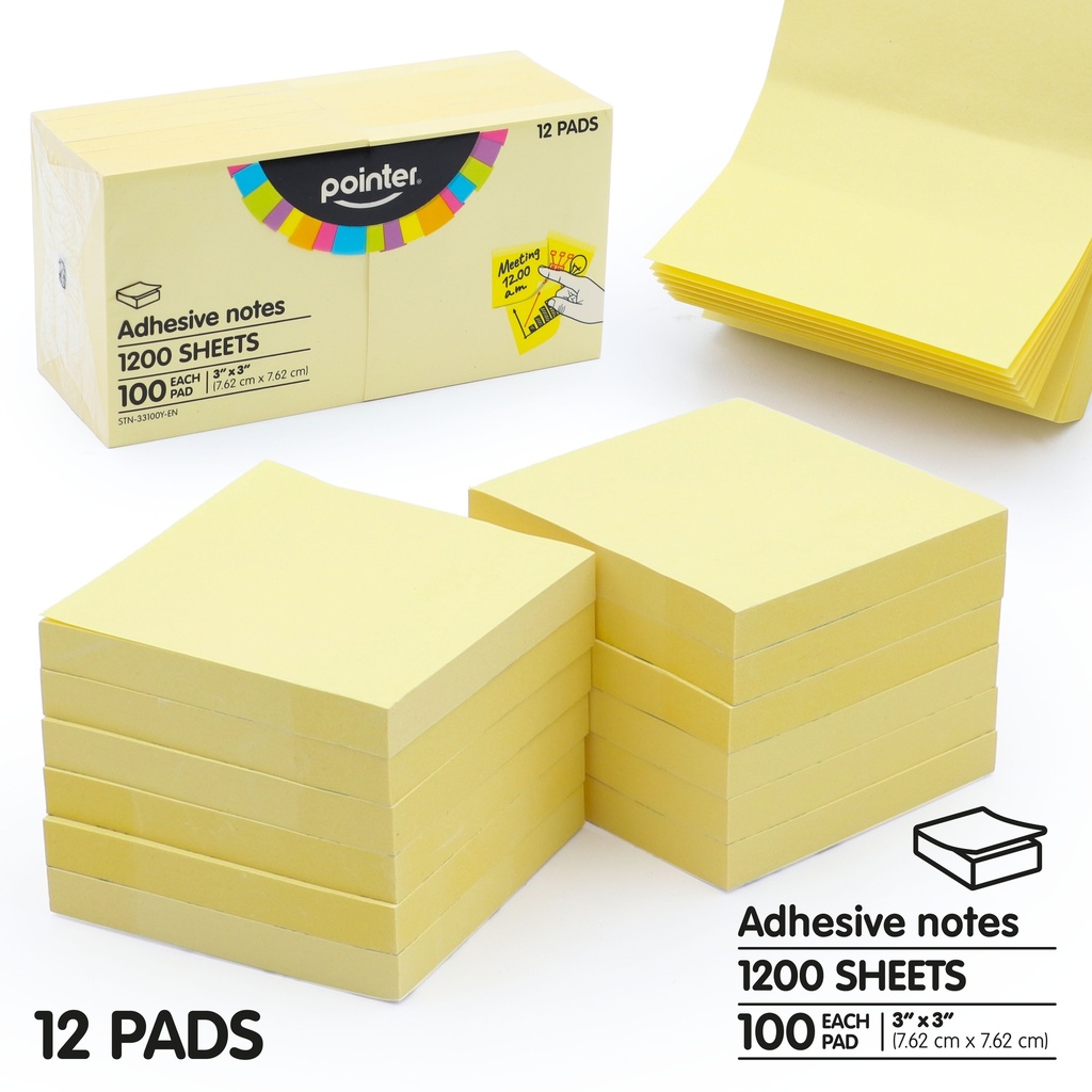 STICKY NOTES, 3X3", YELLOW COLOR, SET OF 12 PADS, 1200 SHEETS 