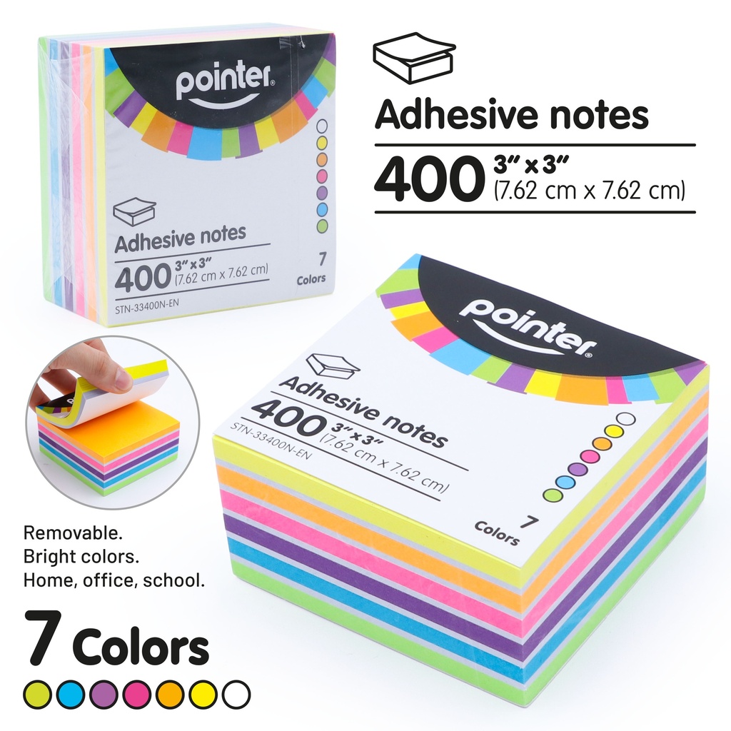 STICKY NOTES, 3X3",7 NEON COLORS, SET OF 400 SHEETS 