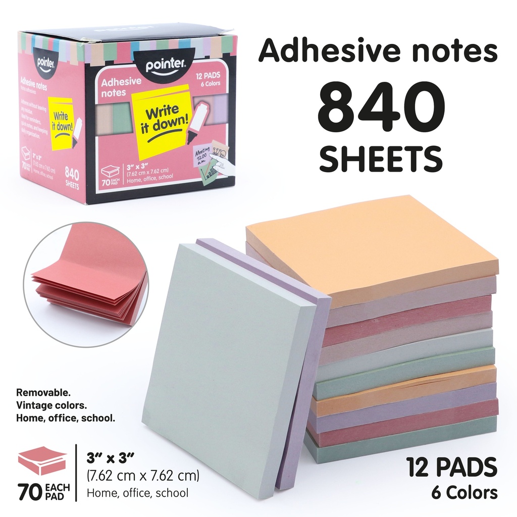 STICKY NOTES, 3X3", 6 MORANDI COLORS, SET OF 12 PADS, 840 SHEETS 