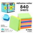 STICKY NOTES, 3X3", 6 NEON COLORS, SET OF 12 PADS, 840 SHEETS 