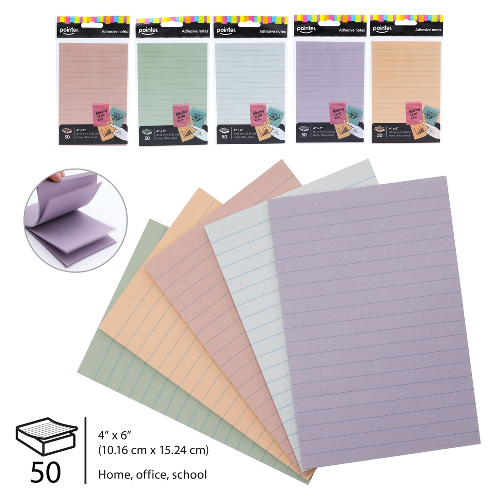 STICKY NOTES, 4X6",5 MORANDI COLORS, LINED, SET OF 50 SHEETS 