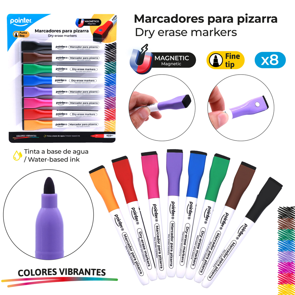 WHITEBOARD MARKERS, DUAL FINE TIP, MAGNETIC, SET OF 8 COLORS 