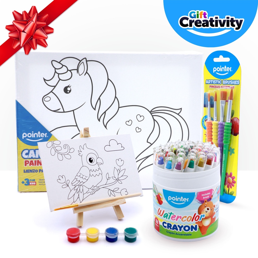 Creativity Kit #5 – 6 Stretched Canvas Panels, 4 Mini Painting Kits, 4 Foam-Grip Brushes, 36 Watercolor Crayons – Art Gift for Kids
