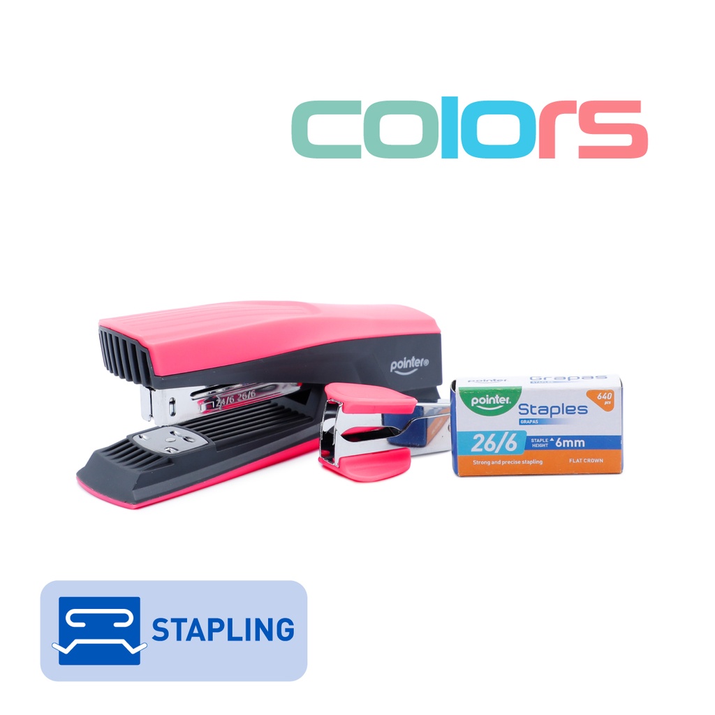 STAPLER SET, COLORS, PLASTIC, HALF STRIP, 25 SHEETS, 3 PIECES 