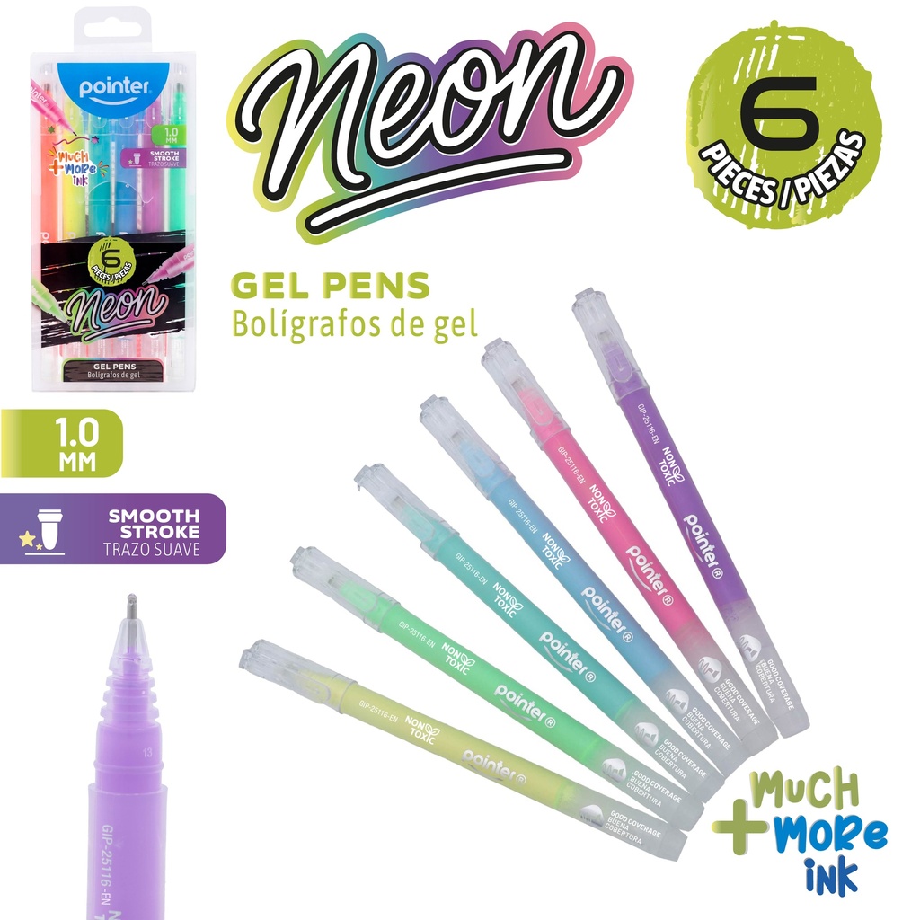 PENS, NEON, GEL,1.0MM, SET OF 6 COLORS 