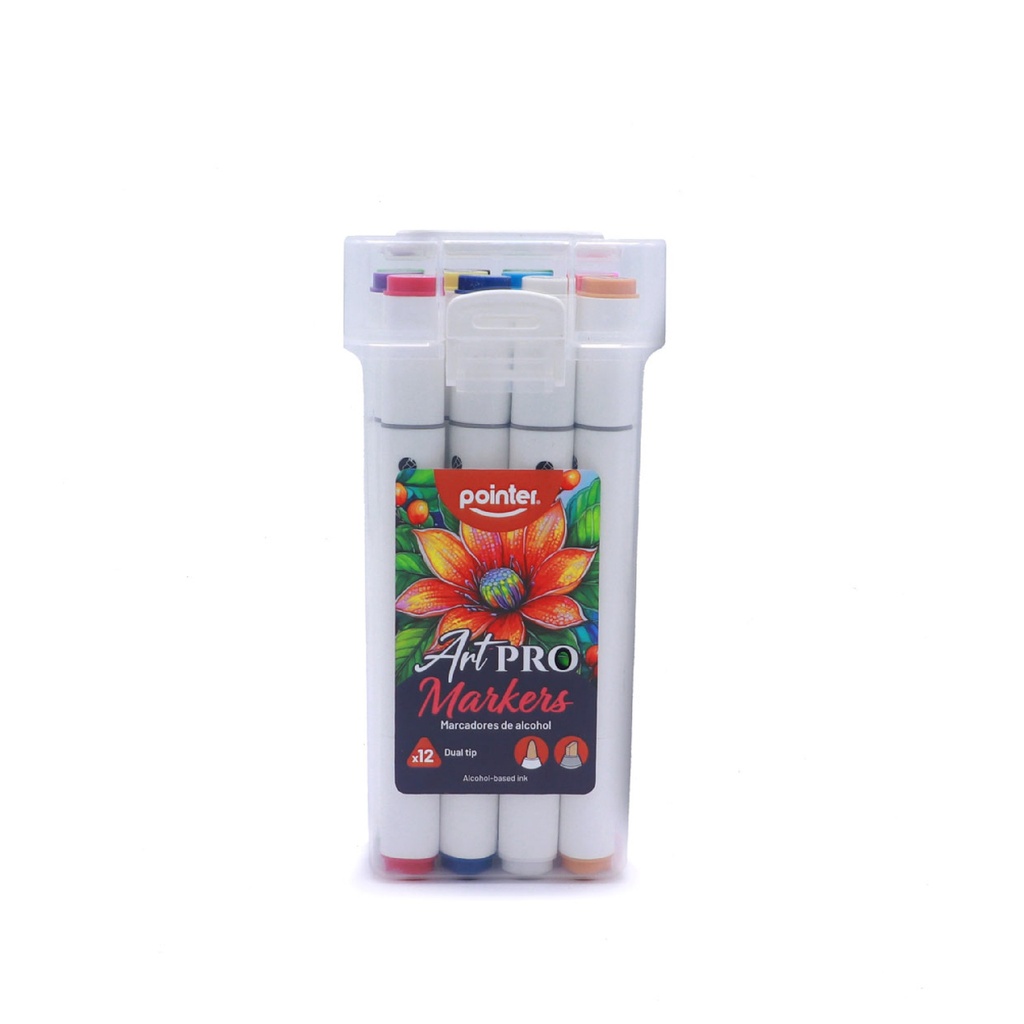 DUAL TIP ALCOHOL-BASED INK MARKERS WITH PLASTIC CASE, SET OF 12 COLORS 