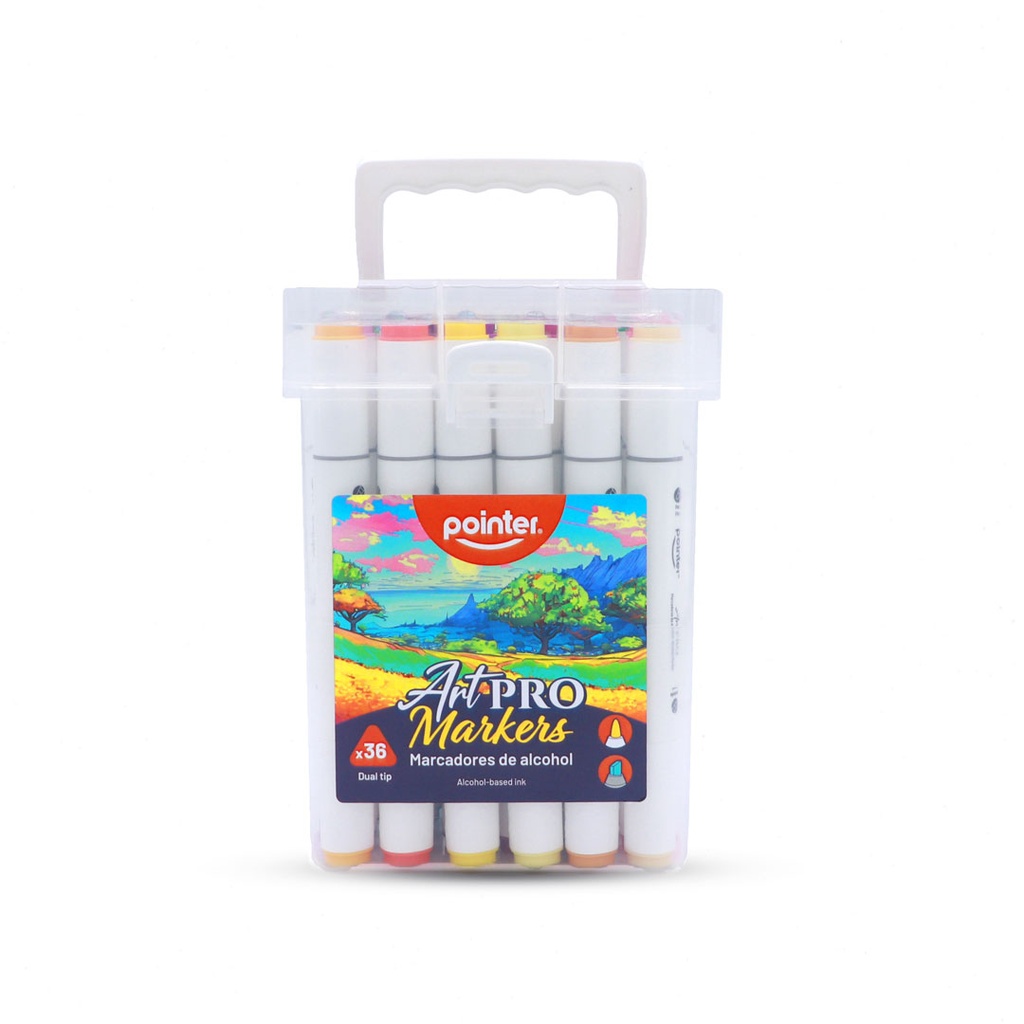 DUAL TIP ALCOHOL-BASED INK MARKERS WITH PLASTIC CASE, SET OF 36 COLORS 