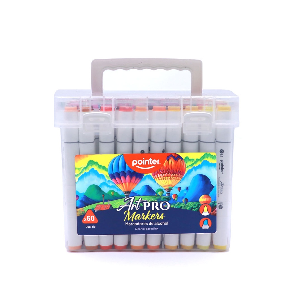 DUAL TIP ALCOHOL-BASED INK MARKERS WITH PLASTIC CASE, SET OF 60 COLORS 