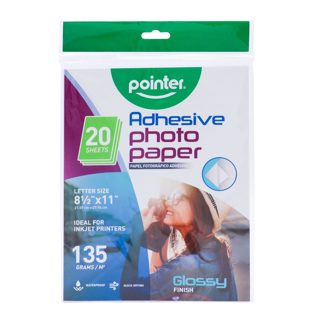 GLOSSY ADHESIVE PHOTO PAPER, 8.5X11",135GSM FOR INKJET PRINTERS SET OF 20  SHEETS