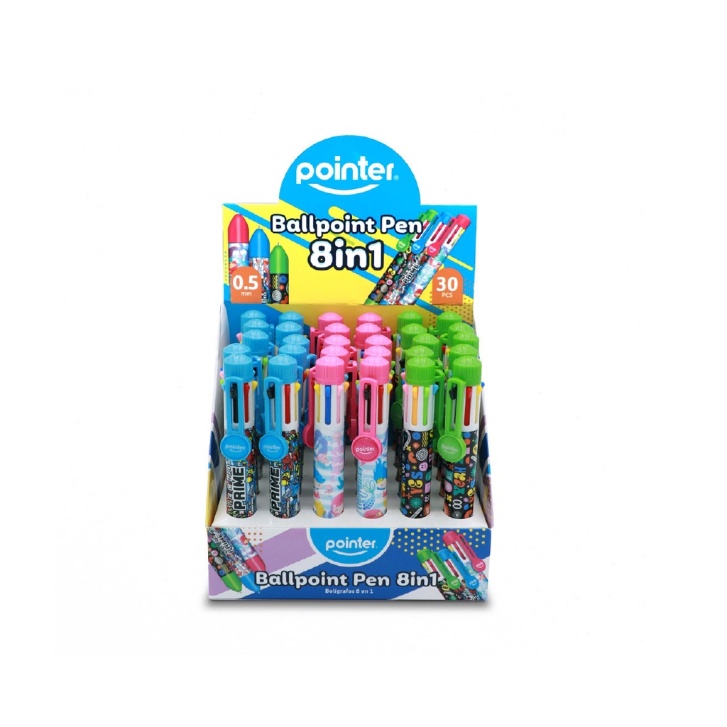 PENS, 8 IN 1 MULTI-COLORED, BALLPOINT, 8 INK COLORS, 0.5 MM,  FOR CHILDREN, BOX 0F 30 PENS