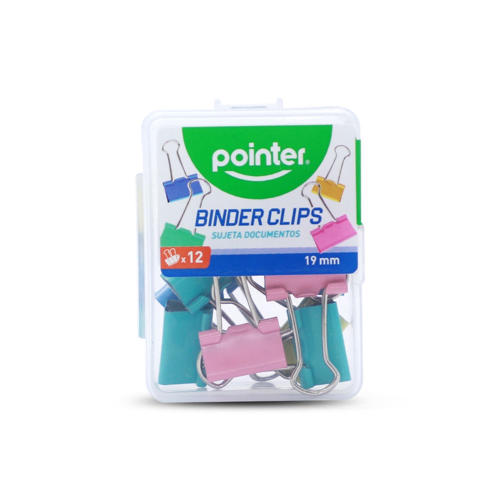 BINDER CLIPS, PASTEL-COLORED, 19MM 3/4", PLASTIC BOX OF 12 PIECES