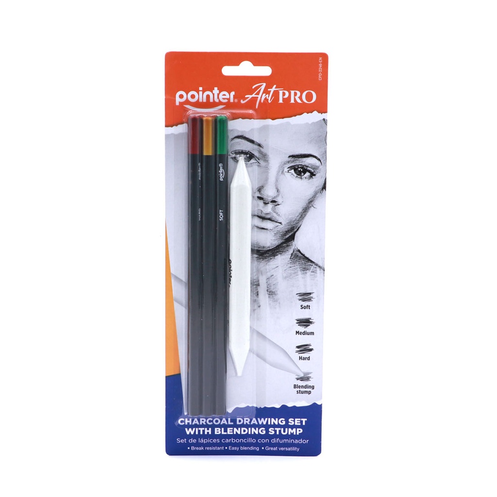 CHARCOAL PENCILS, SOFT, MEDIUM, AND HARD WITH BLENDING STUMP, SET OF 4 PIECES