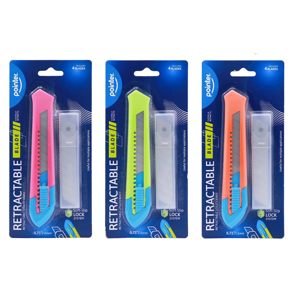 UTILITY KNIFE, COLORFUL BODY, 18MM WITH 4 REPLACEMENT BLADES,