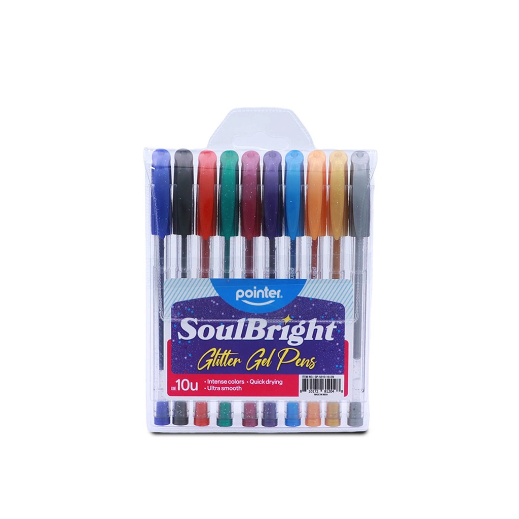 PENS, SOULBRIGHT, GLITTER GEL, BALLPOINT, SET OF 10 COLORED PENS