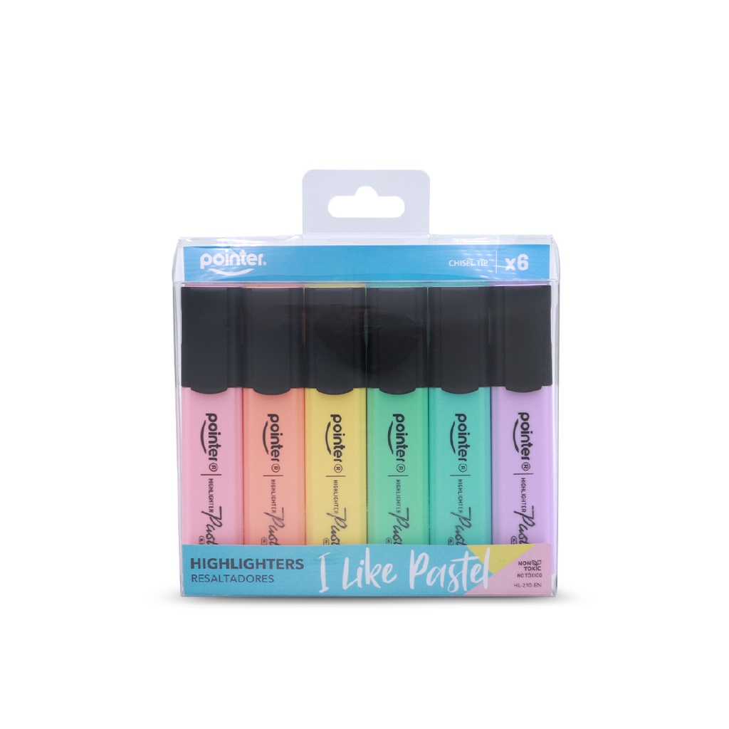 HIGHLIGHTERS, PASTEL, FLAT BODY, CHISEL TIP, SET OF 6 COLORS