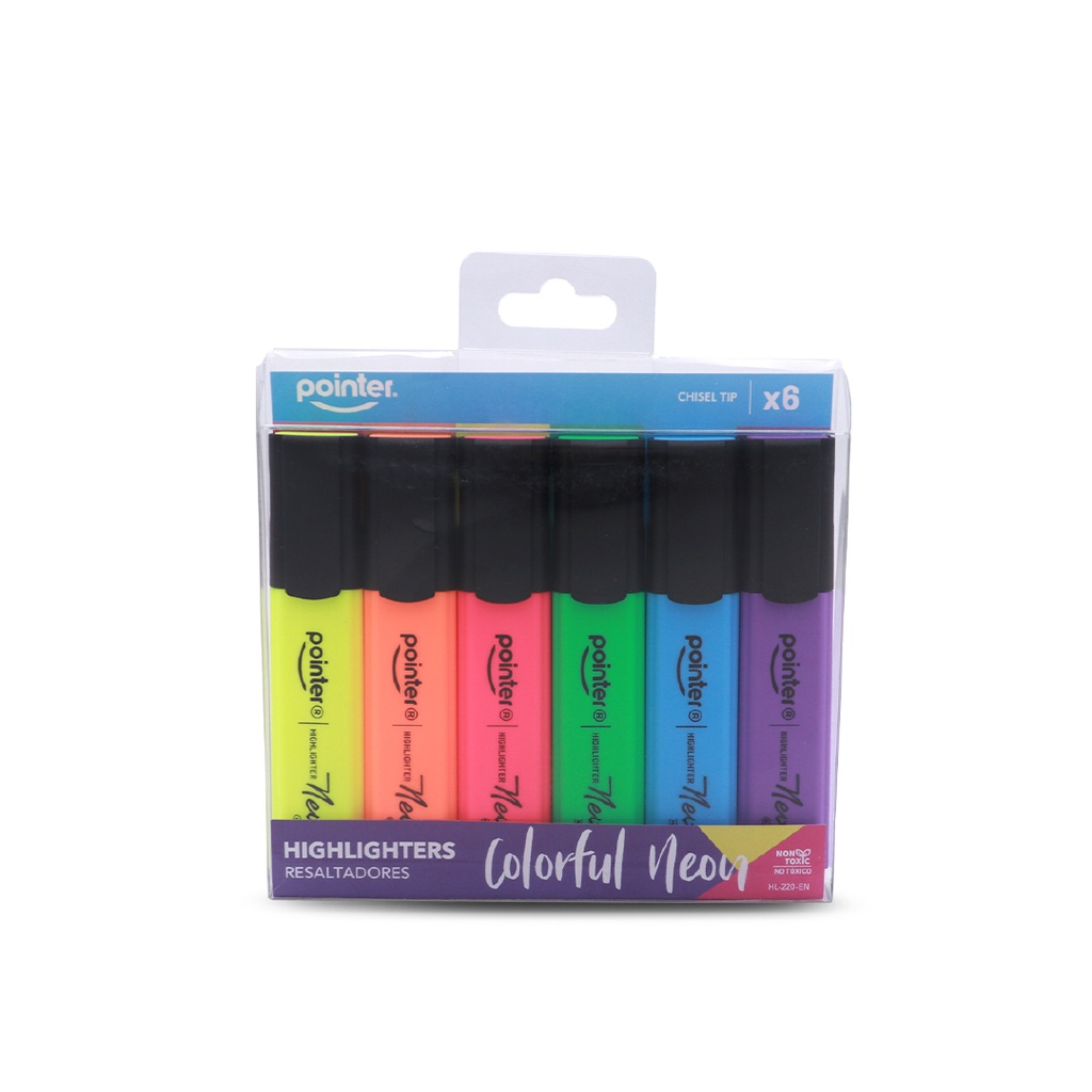 HIGHLIGHTERS, NEON, FLAT BODY, CHISEL TIP, SET OF 6 COLORS