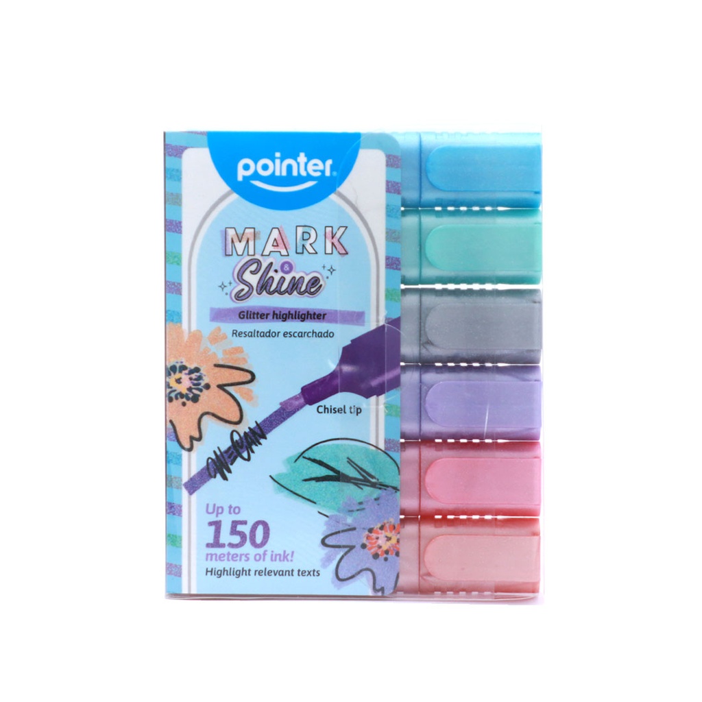 HIGHLIGHTERS, GLITTER , FLAT BODY, CHISEL TIP, SET OF 6 COLORS