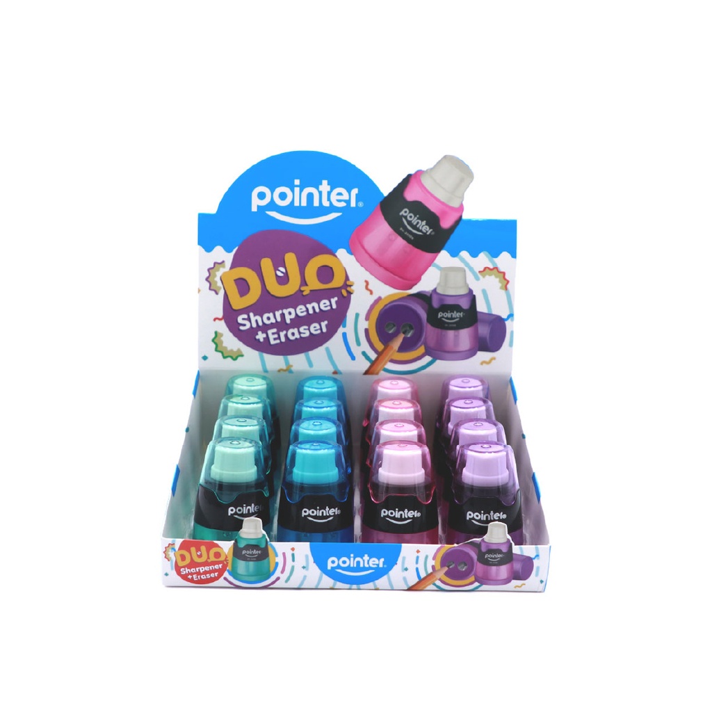 PENCIL SHARPENERS, DUO TWO-HOLE, ROUND , WITH ERASER AND DISPOSAL CONTAINER