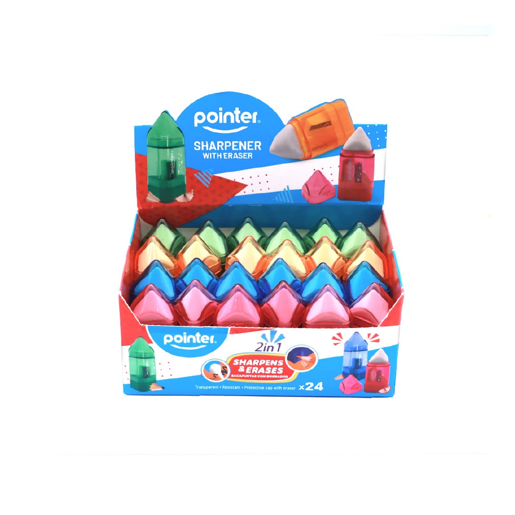 PENCIL SHARPENERS, ONE HOLE, TRIANGULAR, WITH ERASER AND DISPOSAL CONTAINER, BOX OF 24 PIECES