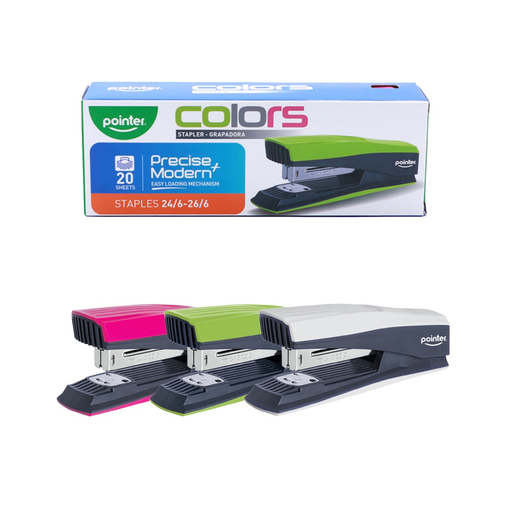 STAPLER, COLORS, PLASTIC, HALF STRIP, 20 SHEETS,